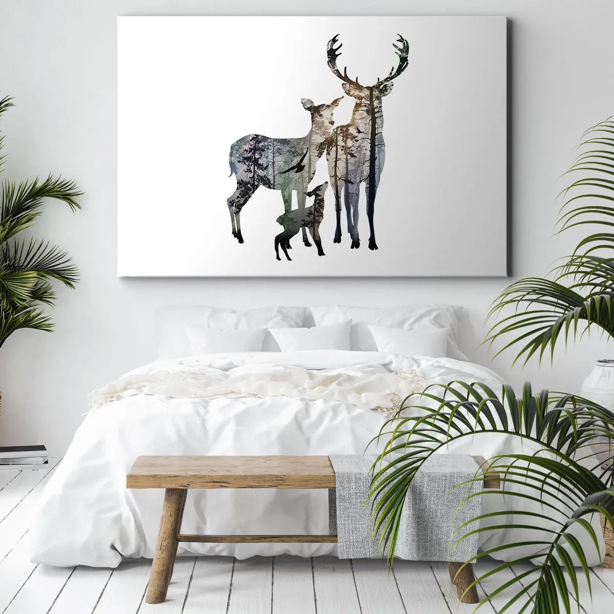 Impression sur toile - Image sur toile - Paysage forestier aux silhouettes de cerfs - 100x70cm - Photographie de famille - Décoration murale moderne pour le salon et la chambre ARTTOR