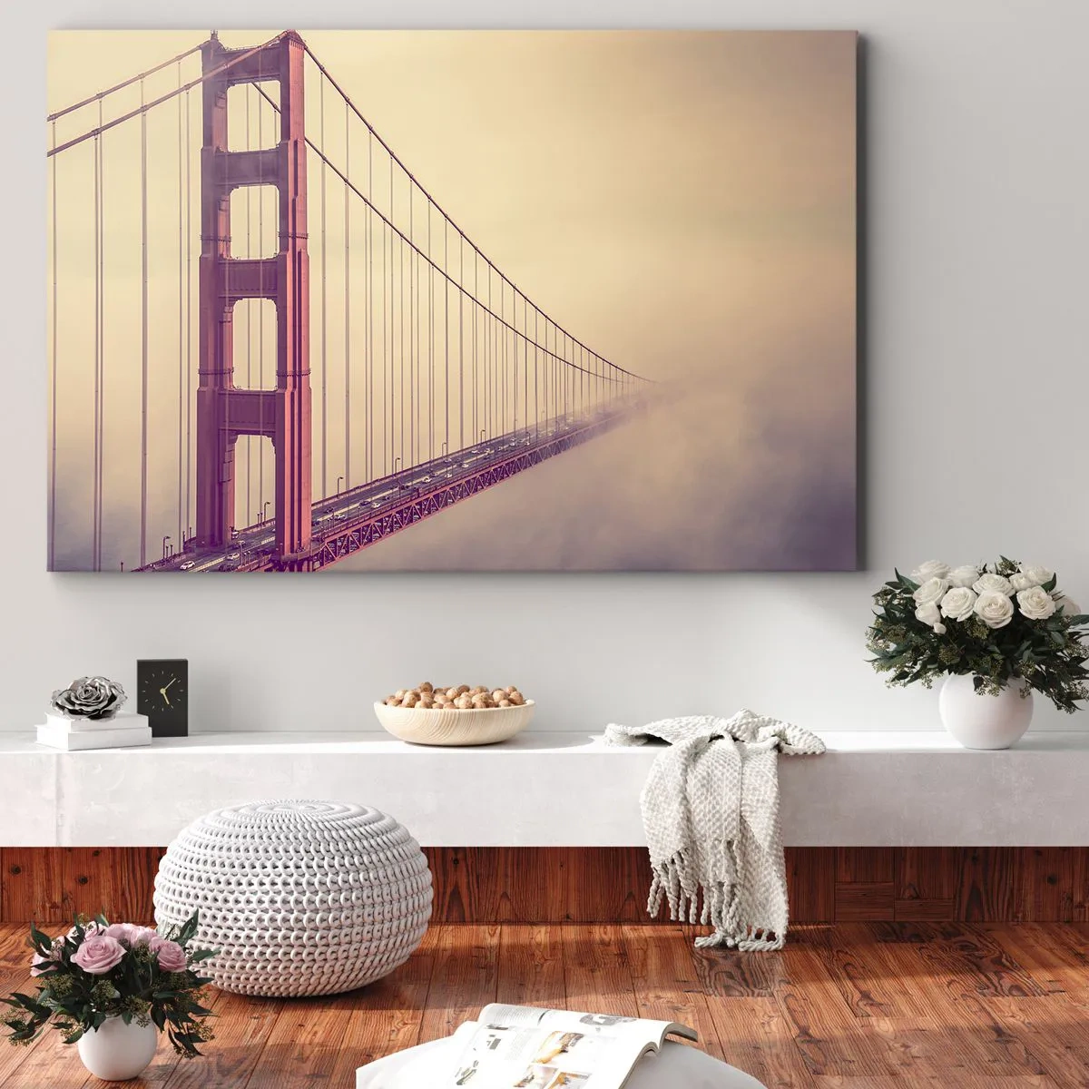 Impression sur toile - Image sur toile - Un pont dans le brouillard aux tons pastel, symbole d'élégance et de paix - 70x50cm - Entre ciel et terre - Décoration murale moderne pour le salon et la chambre ARTTOR