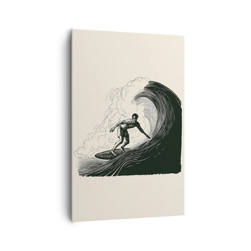 Impression sur toile - Image sur toile - Graphique en noir et blanc d'un surfeur sur une vague - 80x120cm - Le roi de la vague - Décoration murale moderne pour le salon et la chambre ARTTOR