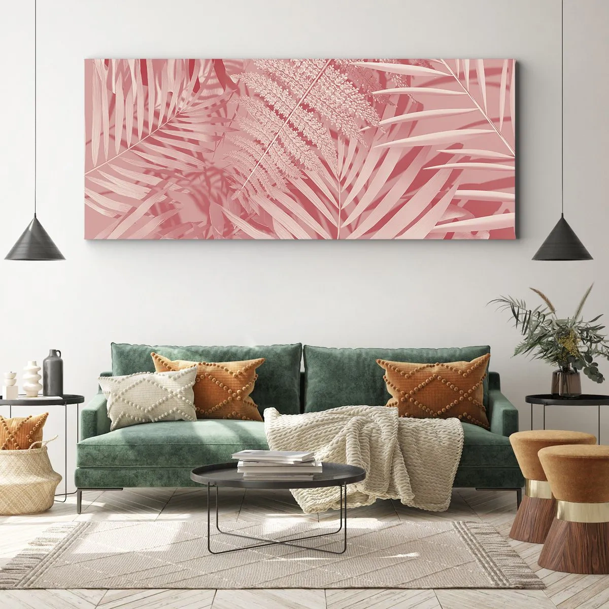 Impression sur toile - Image sur toile - Feuilles tropicales roses dans un style délicat et minimaliste - 120x50cm - Concept de rose - Décoration murale moderne pour le salon et la chambre ARTTOR