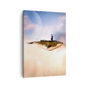 Impression sur toile - Image sur toile - Une scène fantastique d'une femme sur une baleine parmi les nuages - 50x70cm - Voyage irréel - Décoration murale moderne pour le salon et la chambre ARTTOR