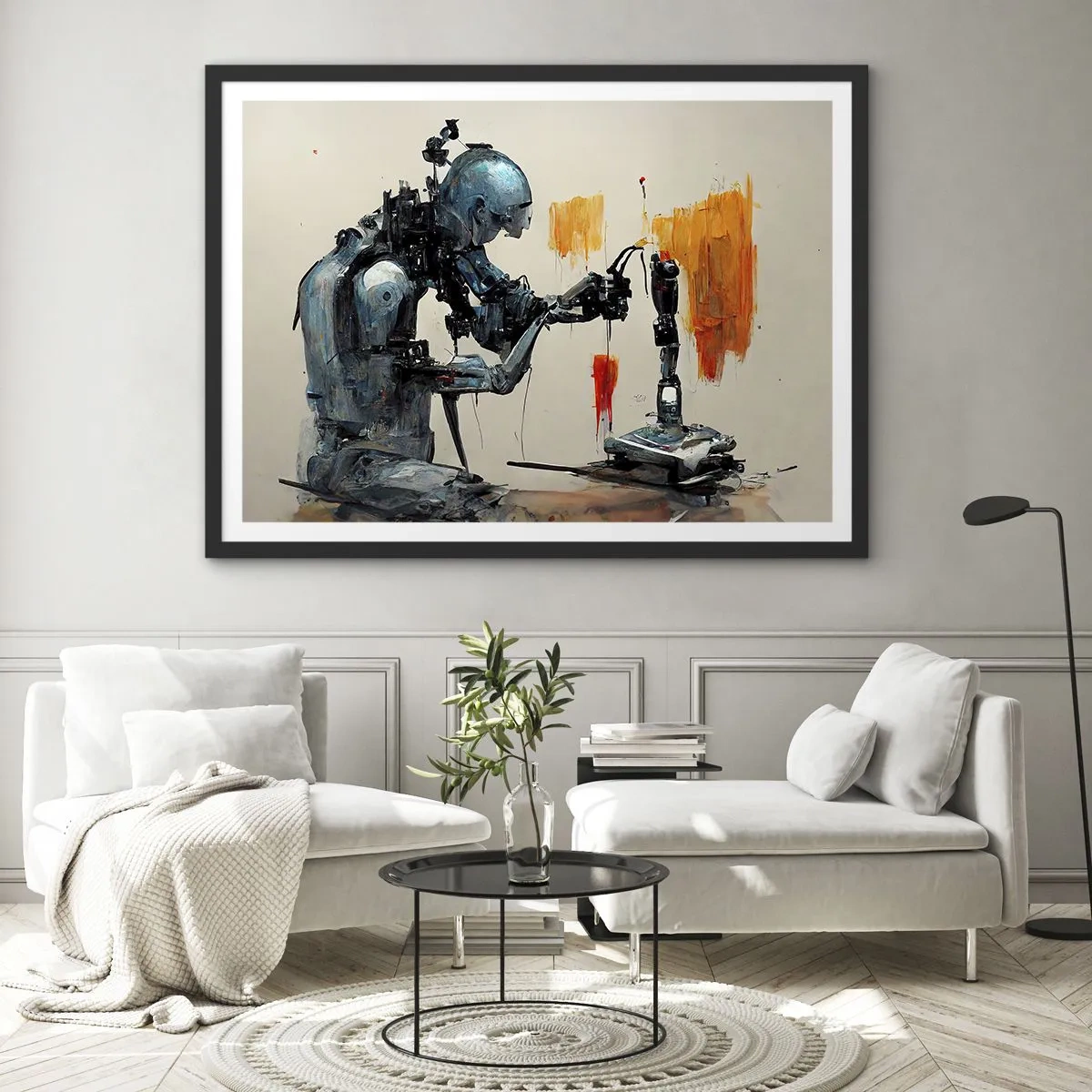 Affiche dans un cadre noir - Poster - Robot au travail avec un arrière-plan abstrait - 70x50cm - Déjà demain… - Décoration murale moderne pour le salon et la chambre ARTTOR