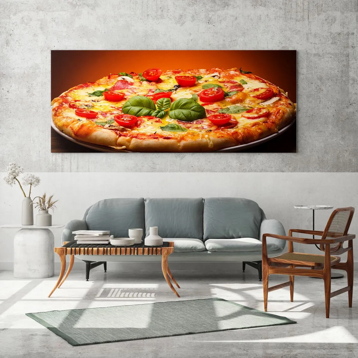 Impression sur verre - Image sur verre - Pizza aux tomates et au basilic sur une table en bois - 160x50cm - Mamma mia! - Décoration murale moderne pour le salon et la chambre ARTTOR