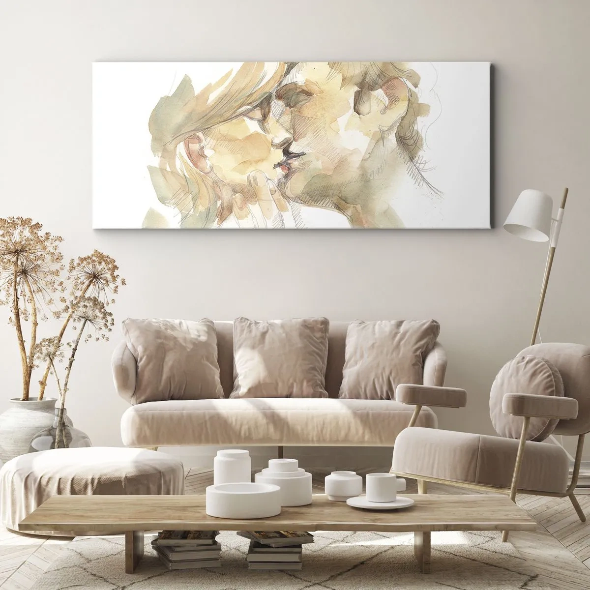 Impression sur toile - Image sur toile - Portrait romantique à l'aquarelle d'un couple s'embrassant - 160x50cm - A moitié trouvé ? - Décoration murale moderne pour le salon et la chambre ARTTOR