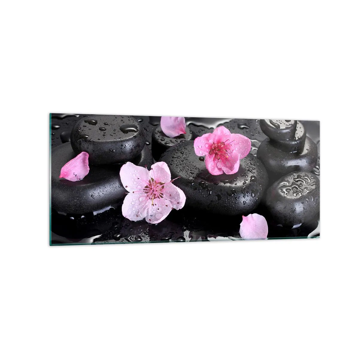 Impression sur verre - Image sur verre - Pierres noires et fleurs roses style spa - 120x50cm - Et le cœur s'allège soudainement - Décoration murale moderne pour le salon et la chambre ARTTOR