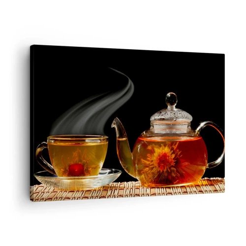 Impression sur toile - Image sur toile - Théière en verre avec thé aux fleurs et une tasse - 70x50cm - La magie et l'art de l'infusion du thé - Décoration murale moderne pour le salon et la chambre ARTTOR