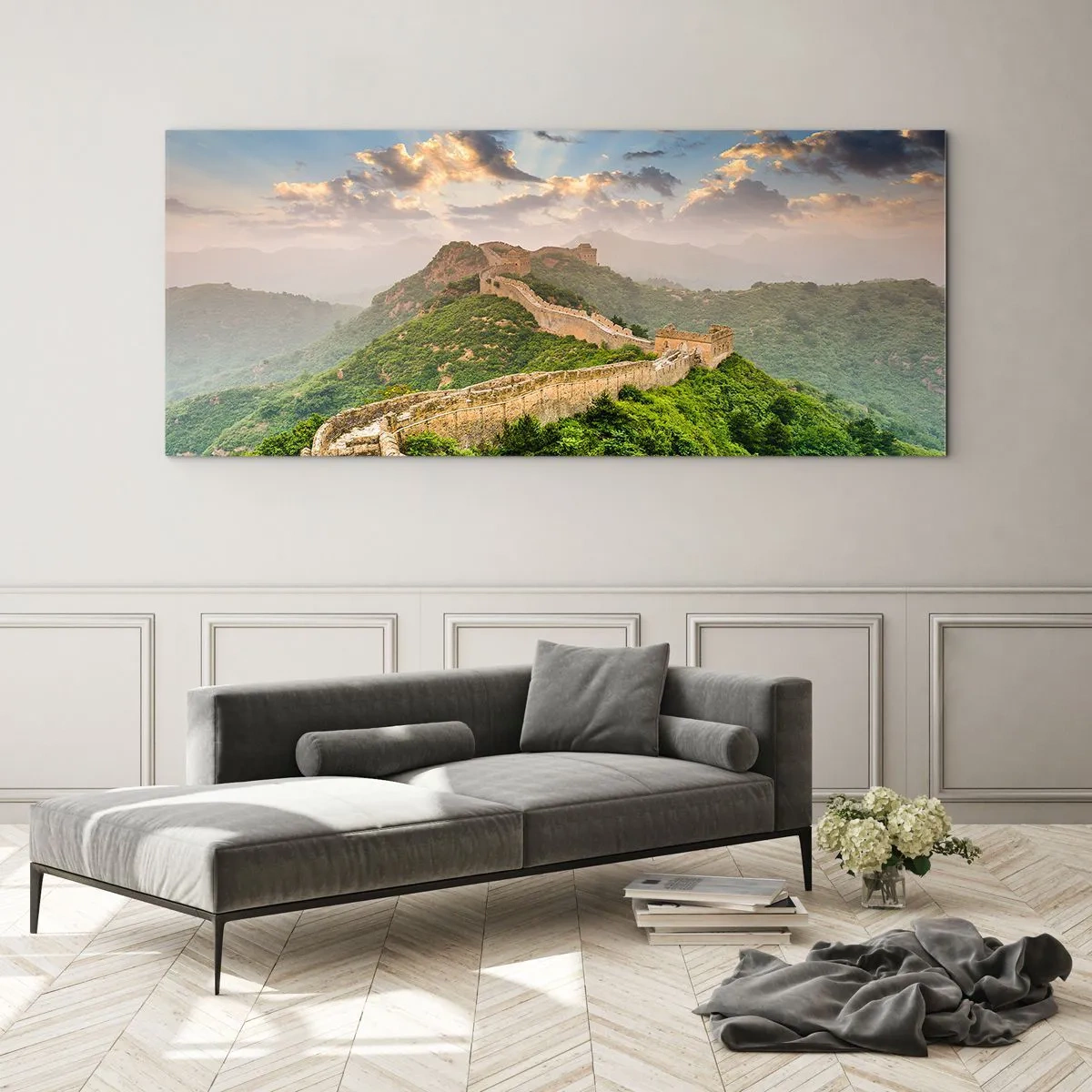 Impression sur verre - Image sur verre - La Grande Muraille de Chine illuminée par la lumière du soleil dans un paysage pittoresque - 140x50cm - Grandeur éternelle - Décoration murale moderne pour le salon et la chambre ARTTOR