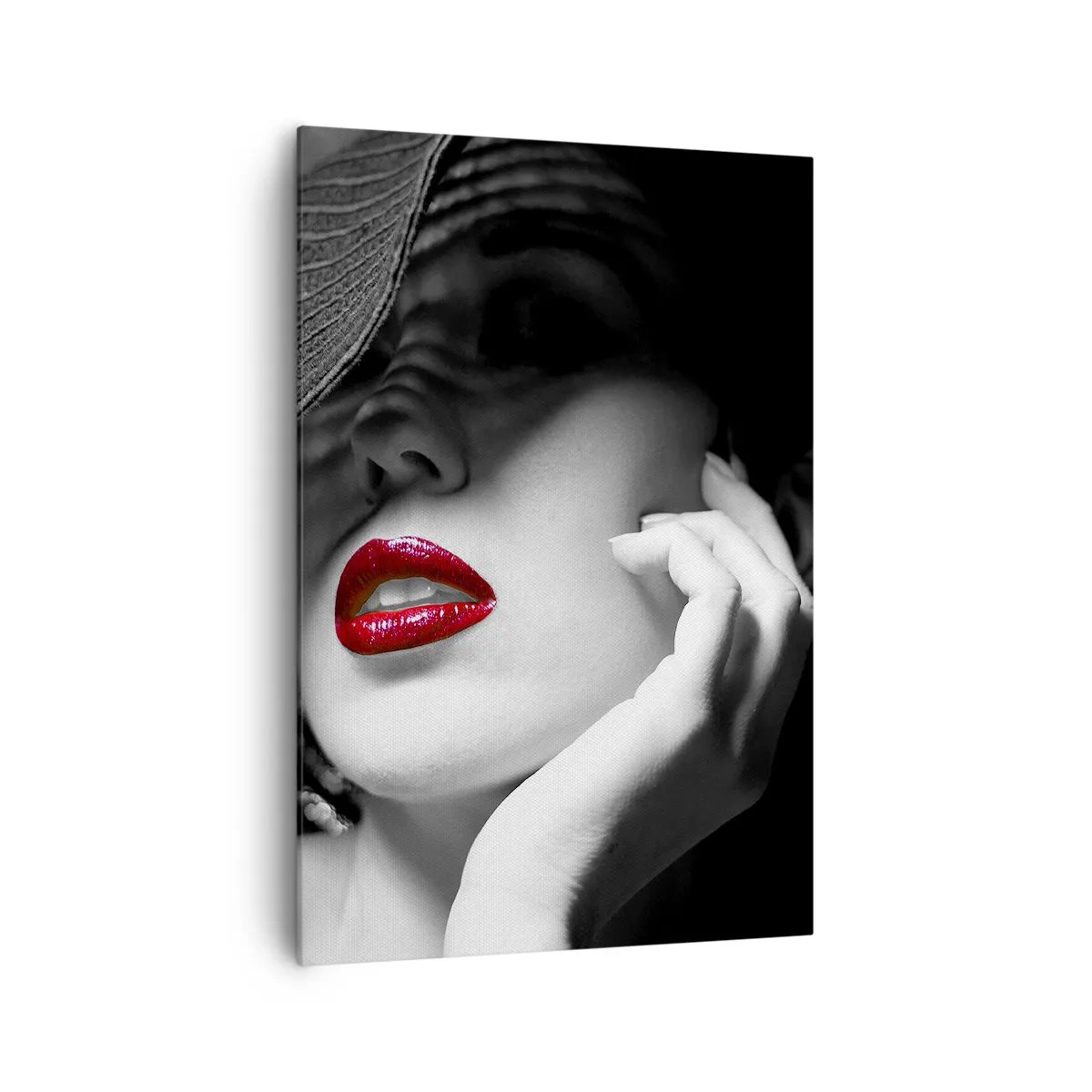 Impression sur toile - Image sur toile - Portrait noir et blanc d'une femme aux lèvres rouges - 70x100cm - Étude écarlate - Décoration murale moderne pour le salon et la chambre ARTTOR