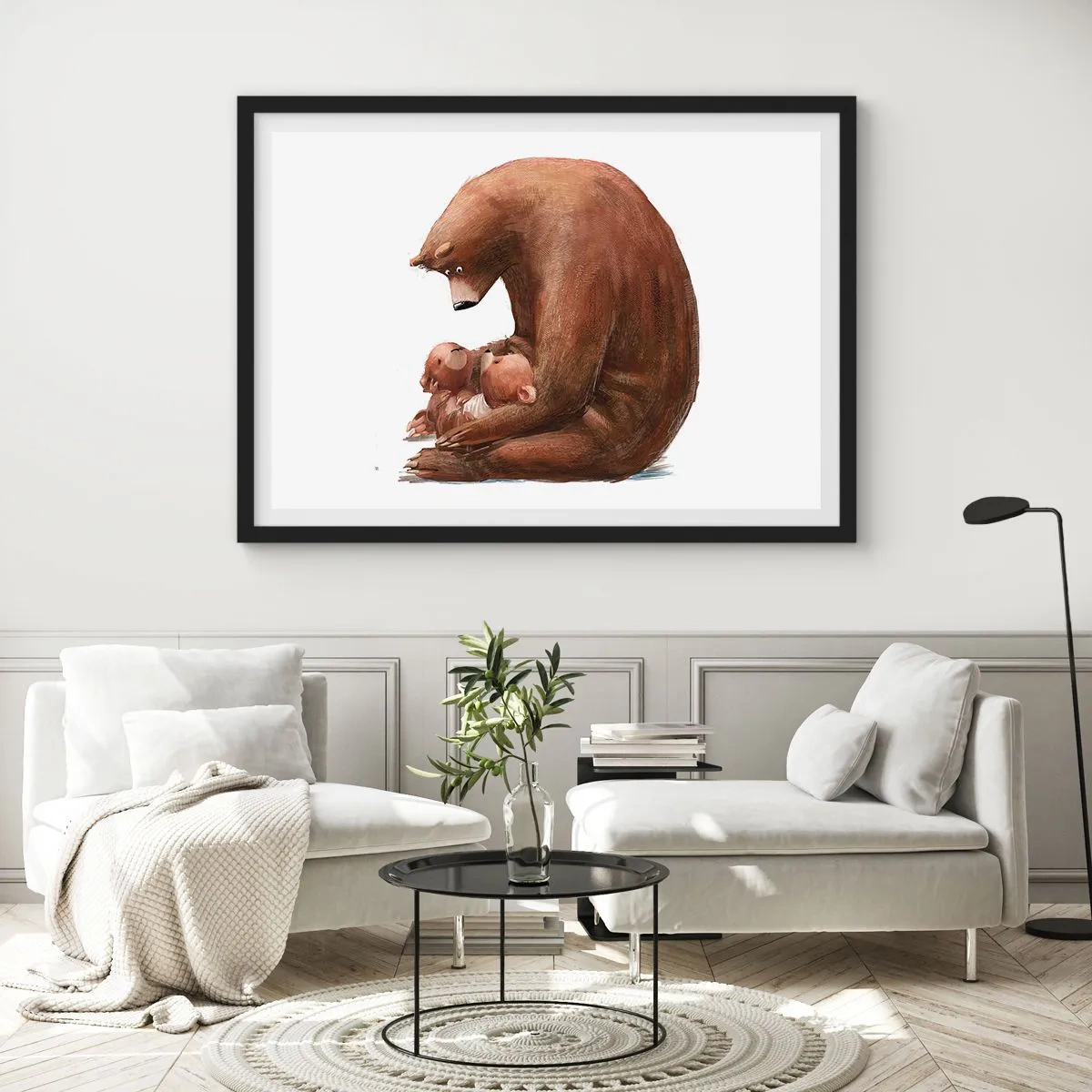 Affiche dans un cadre noir - Poster - Une mère ours avec deux petits ours dans ses bras - 70x50cm - Faites de beaux rêves les enfants - Décoration murale moderne pour le salon et la chambre ARTTOR