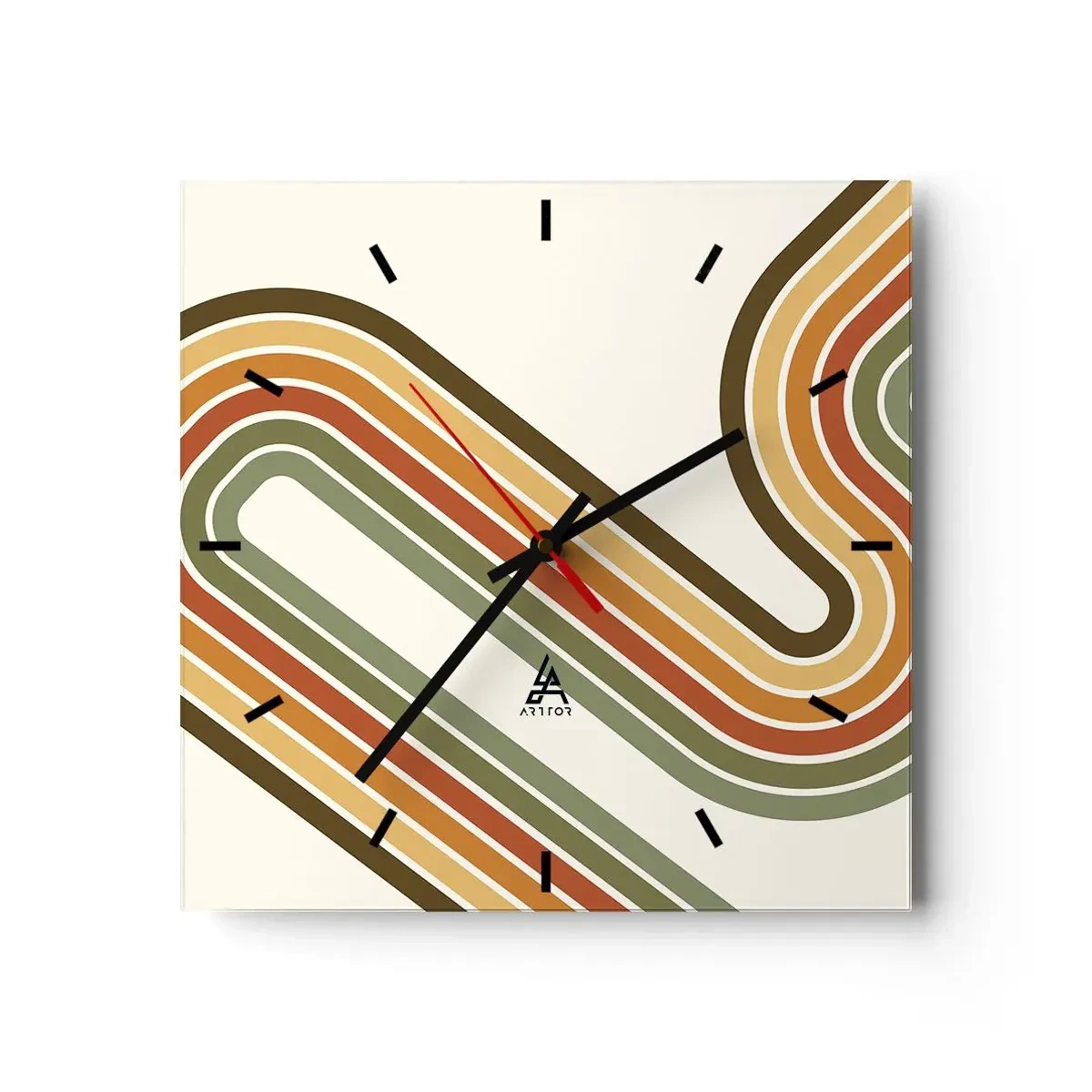 Horloge murale - Pendule murale - Motif géométrique dans les tons de vert, orange et beige sur fond clair - 30x30cm - En zig zag vers le but - Décoration murale moderne pour le salon et la chambre ARTTOR
