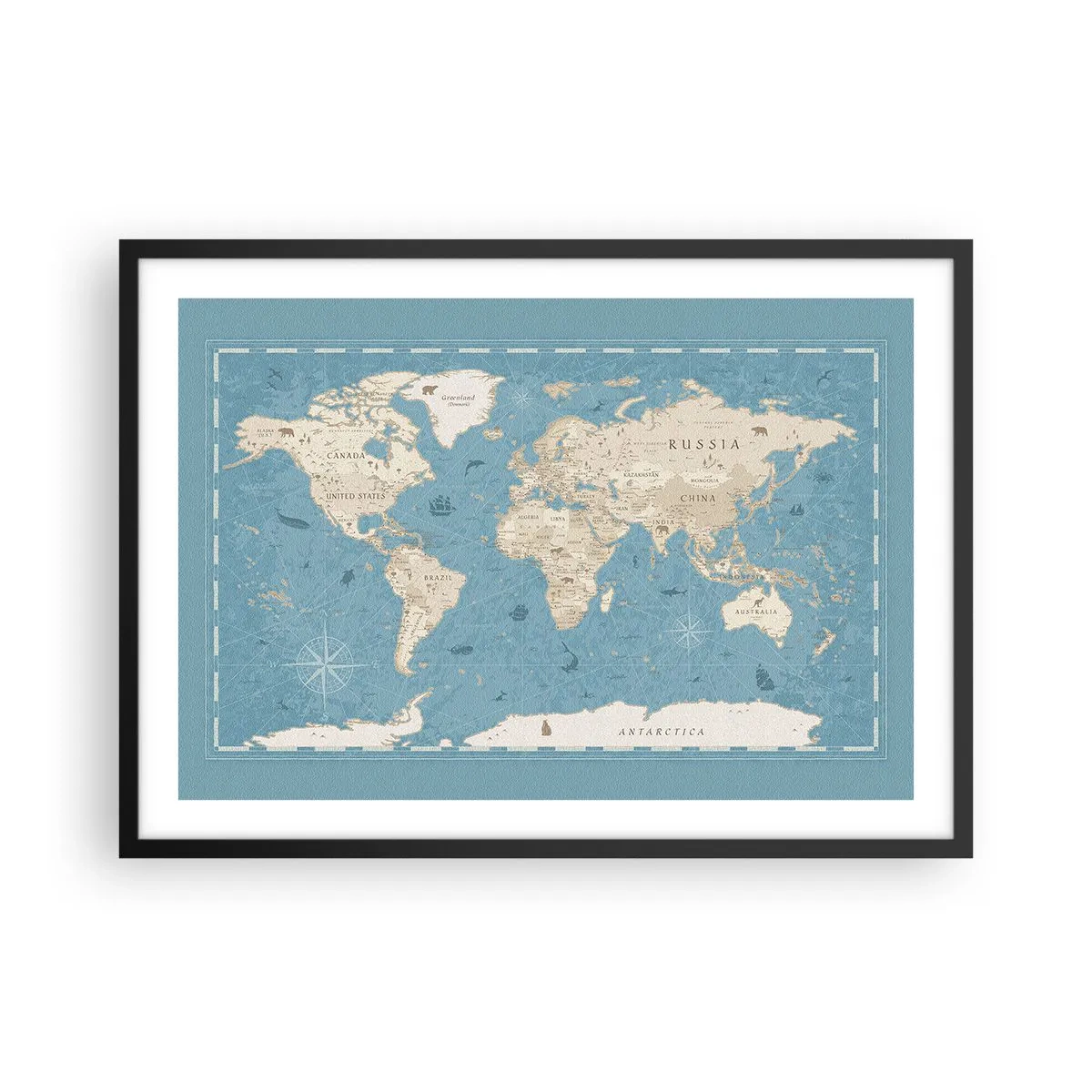 Affiche dans un cadre noir - Poster - Carte du monde décorative dans les tons bleu et beige - 70x50cm - Le monde à porter de main - Décoration murale moderne pour le salon et la chambre ARTTOR