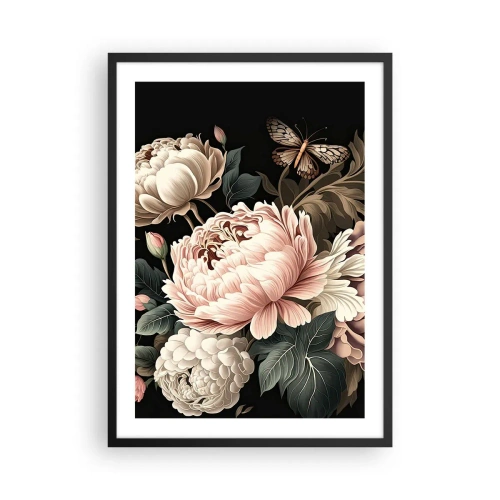 Affiche dans un cadre noir - Poster - Pivoines élégantes et un papillon sur fond noir - 50x70cm - De style baroque - Décoration murale moderne pour le salon et la chambre ARTTOR