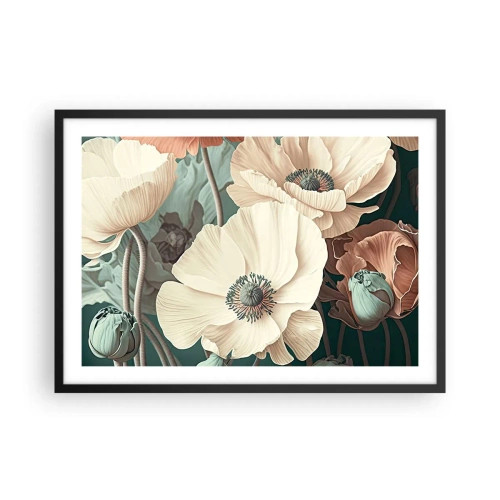 Affiche dans un cadre noir - Poster - Fleurs élégantes aux tons pastel sur fond vert - 70x50cm - Le murmure des coquelicots - Décoration murale moderne pour le salon et la chambre ARTTOR