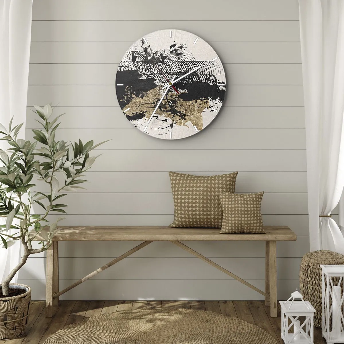Horloge murale - Pendule murale - Composition abstraite de noir, d'or et de blanc - 30x30cm - Composer avec passion - Décoration murale moderne pour le salon, la cuisine et la chambre ARTTOR