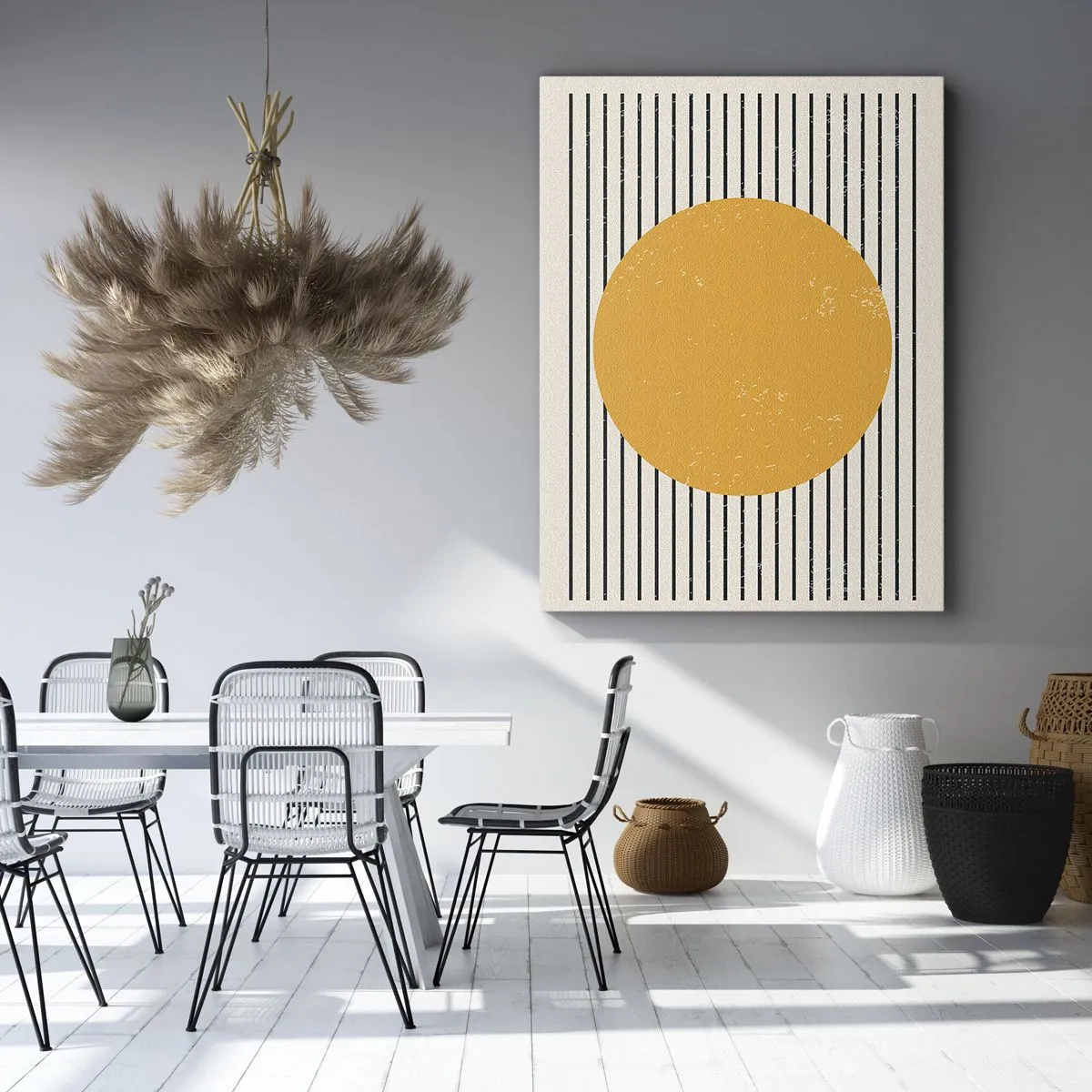Impression sur toile - Image sur toile - Un cercle jaune sur un fond de lignes horizontales noires et blanches - 50x70cm - Le pouvoir de la simplicité - Décoration murale moderne pour le salon et la chambre ARTTOR
