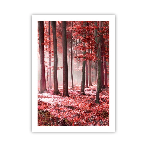 Affiche - Poster - Une forêt avec des feuilles rouges et du brouillard le matin - 50x70cm - Le rouge est tout aussi beau - Décoration murale moderne pour le salon et la chambre ARTTOR