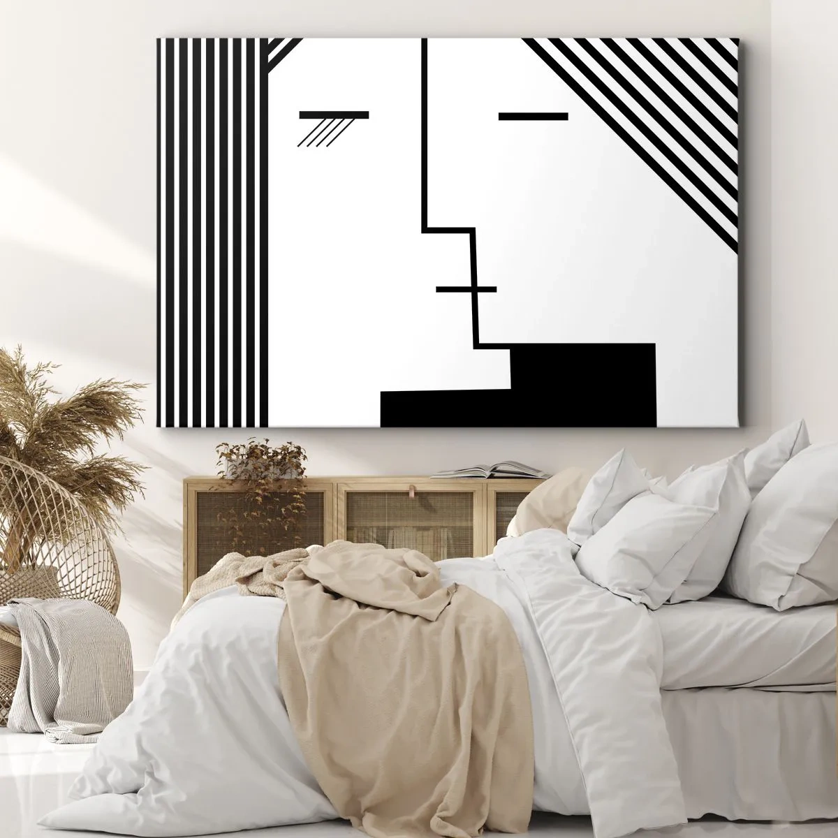 Impression sur toile - Image sur toile - Abstraction géométrique d'un baiser en noir et blanc - 70x50cm - Juste un baiser - Décoration murale moderne pour le salon et la chambre ARTTOR