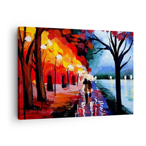 Impression sur toile - Image sur toile - Une promenade d'automne le long du sentier surplombant l'eau - 70x50cm - Automne flamboyant dans le parc - Décoration murale moderne pour le salon et la chambre ARTTOR
