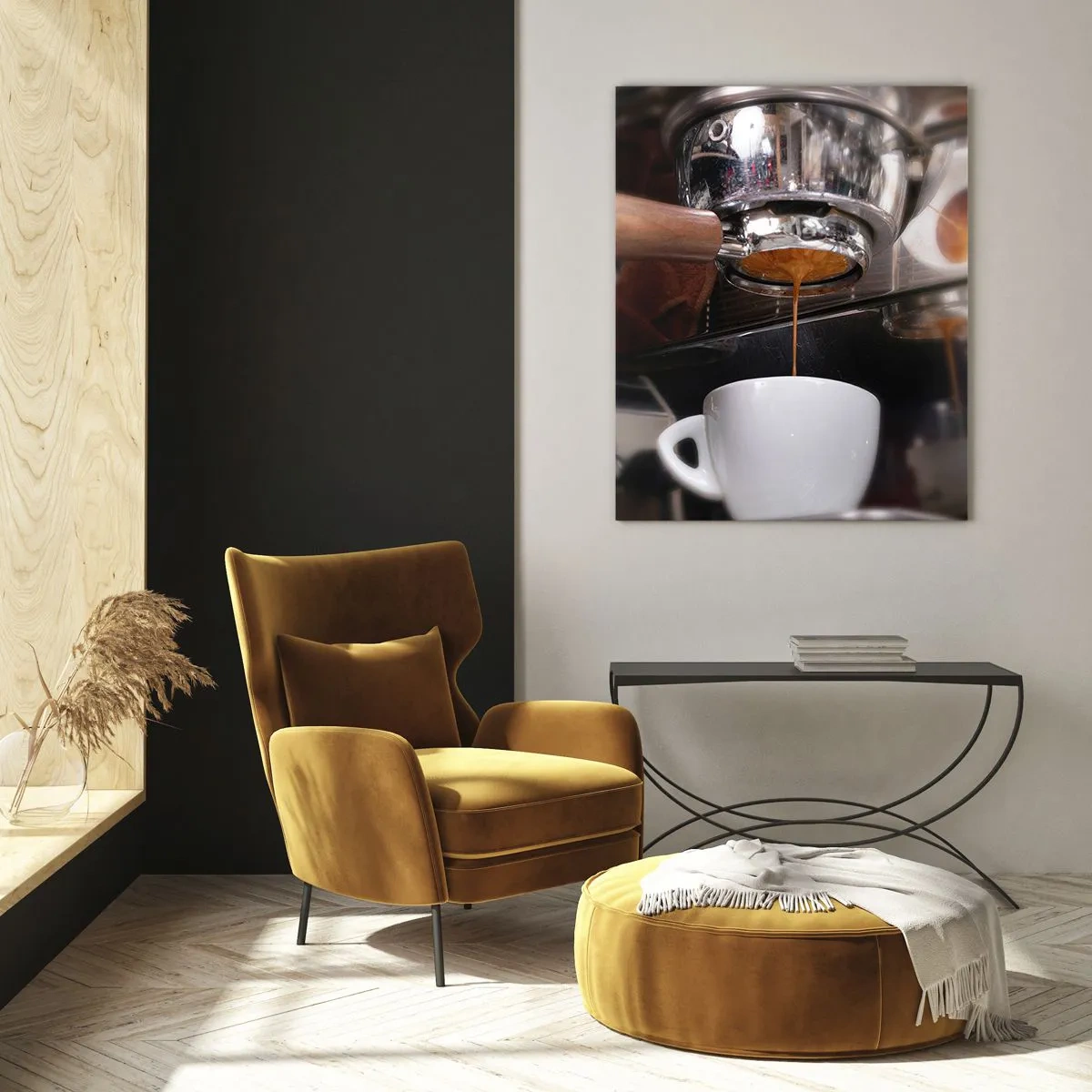 Impression sur verre - Image sur verre - Gros plan d'une tasse de café versée à partir d'une cafetière à pression - 50x70cm - Bon moment de la journée - Décoration murale moderne pour le salon et la chambre ARTTOR