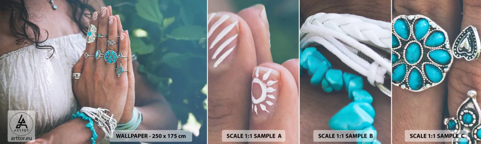 Échantillon de Papier Peint Autocollant Deluxe Sticker - Bienvenue au centre du bien-être - Femme, Bijoux, Bohème - 100x30 cm