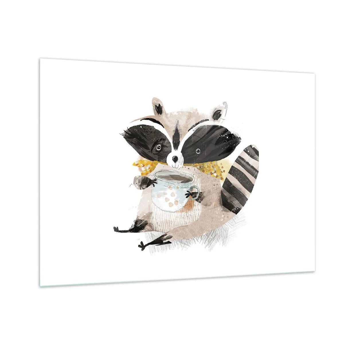 Impression sur verre - Image sur verre - Un raton laveur mignon tenant une tasse de boisson - 100x70cm - Mon ami le raton laveur - Décoration murale moderne pour le salon et la chambre ARTTOR