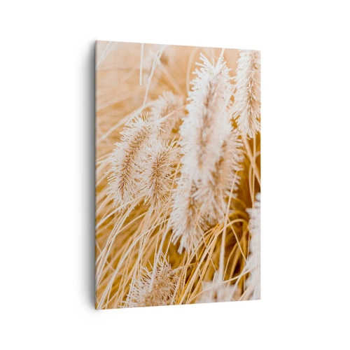 Impression sur toile - Image sur toile - Gros plan d'herbes dorées et délicates au soleil - 70x100cm - Le bruissement doré de l'herbe - Décoration murale moderne pour le salon et la chambre ARTTOR