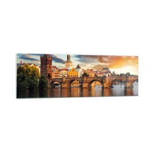 Impression sur verre - Image sur verre - Le pont historique sur la rivière à la lumière du soleil couchant - 160x50cm - Belle depuis des lustres - Décoration murale moderne pour le salon et la chambre ARTTOR