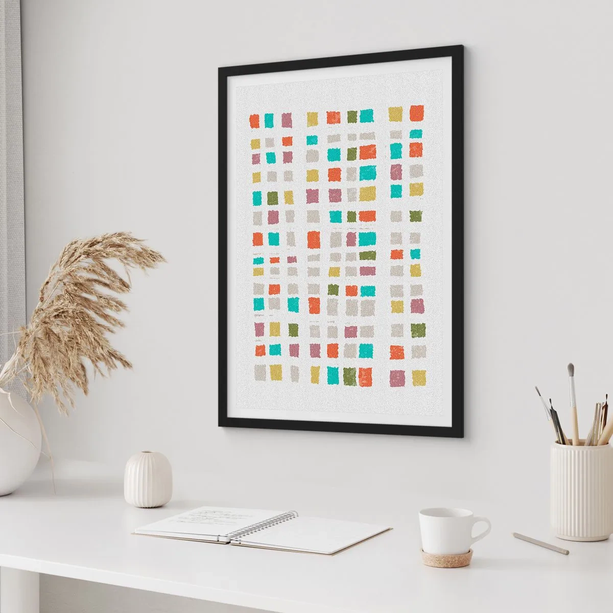 Affiche dans un cadre noir - Poster - Carrés géométriques colorés sur fond clair - 50x70cm - Jeu inconnu - Décoration murale moderne pour le salon et la chambre ARTTOR