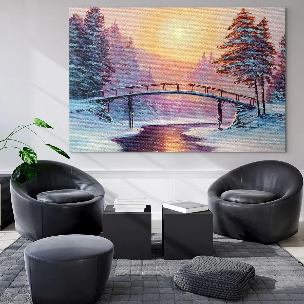 Impression sur verre - Image sur verre - Paysage d'hiver avec un pont sur une rivière au coucher du soleil - 70x50cm - Quatre saisons - hiver - Décoration murale moderne pour le salon et la chambre ARTTOR