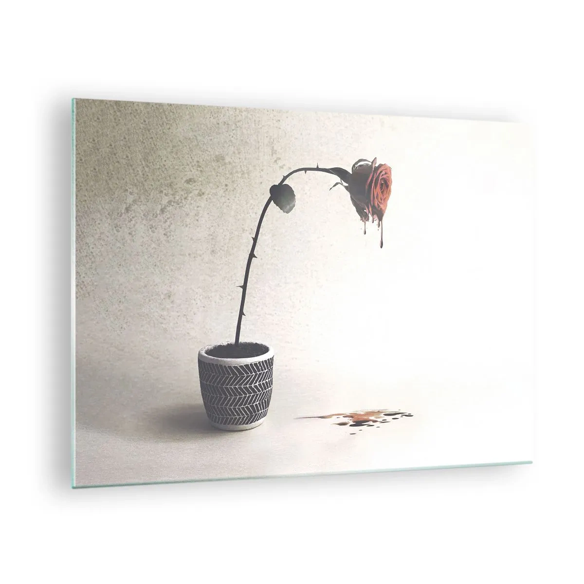 Impression sur verre - Image sur verre - Une rose symbolique dans un pot avec de la peinture qui coule - 70x50cm - Rosa dolorosa - Décoration murale moderne pour le salon et la chambre ARTTOR