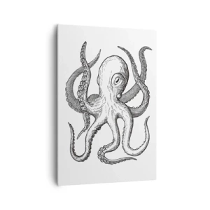 Impression sur toile - Image sur toile - Dessin noir et blanc d'une pieuvre sur fond blanc dans un style vintage - 70x100cm - Dansant avec les vagues - Décoration murale moderne pour le salon et la chambre ARTTOR