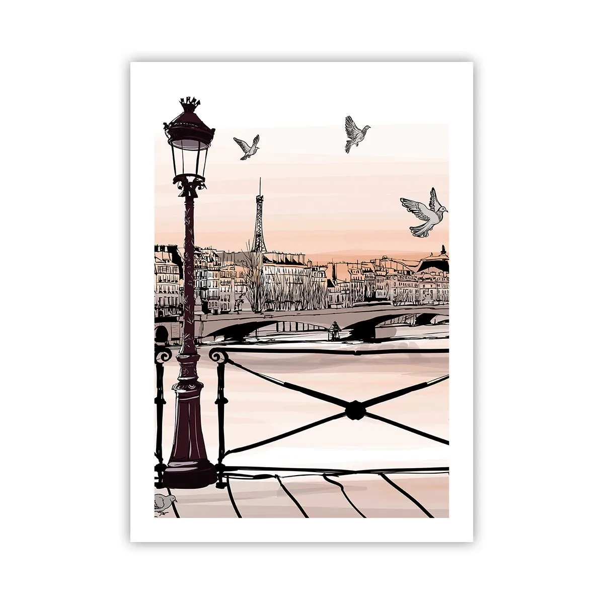 Affiche - Poster - Illustration de Paris au coucher du soleil avec une lanterne et un pont - 50x70cm - Sur les toits de Paris - Décoration murale moderne pour le salon et la chambre ARTTOR