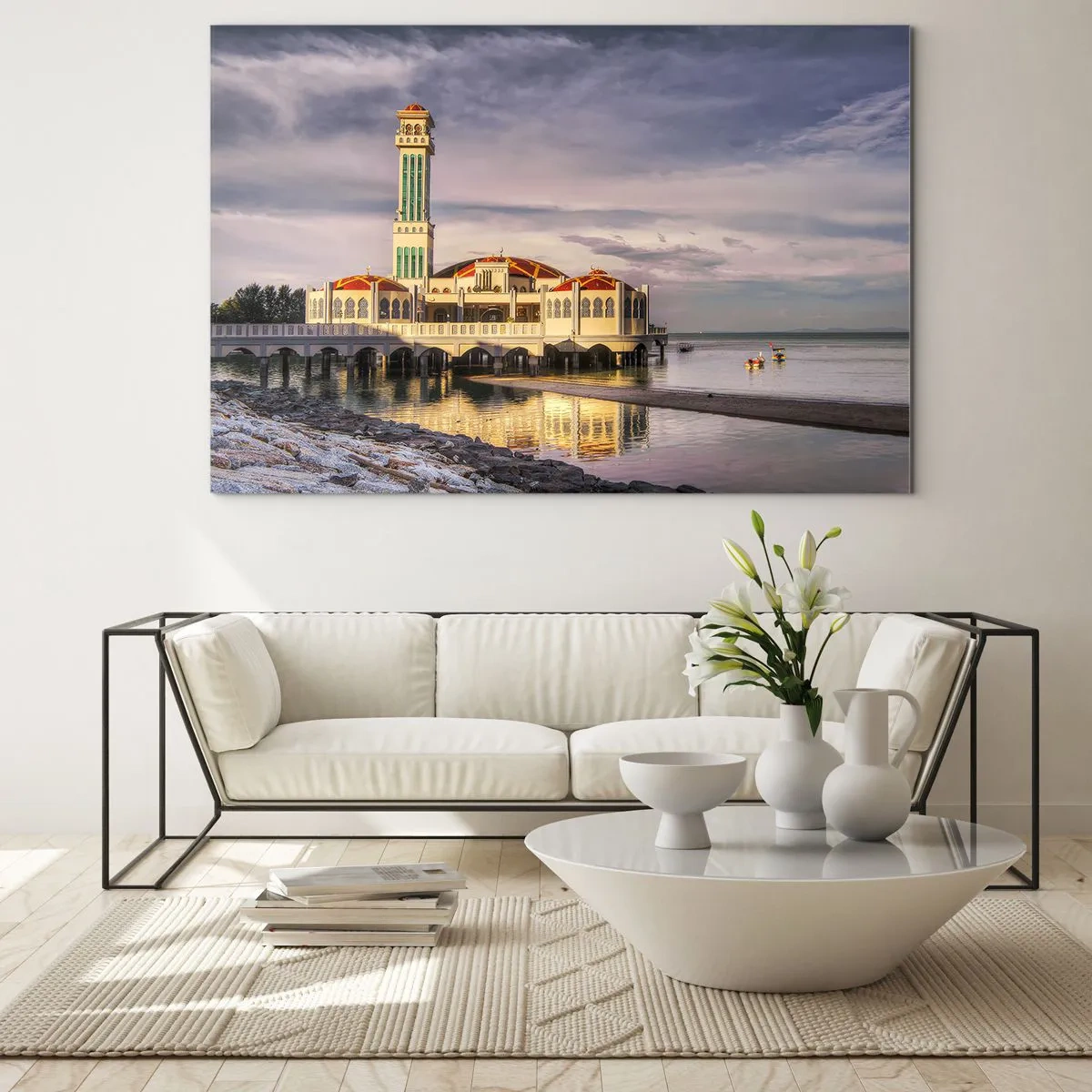 Impression sur verre - Image sur verre - Mosquée sur l'eau dans une lumière pittoresque - 70x50cm - Temple de la nature - Décoration murale moderne pour le salon et la chambre ARTTOR