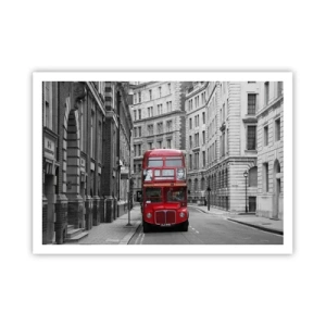 Affiche - Poster - Un bus rouge sur fond de bâtiments urbains noirs et blancs. - 100x70cm - La vie de tous les jours ne doit pas être grise - Décoration murale moderne pour le salon et la chambre ARTTOR