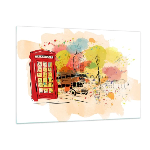 Impression sur verre - Image sur verre - Une cabine téléphonique rouge, un bus à impériale et Big Ben - 120x80cm - La ville de la variété - Décoration murale moderne pour le salon et la chambre ARTTOR
