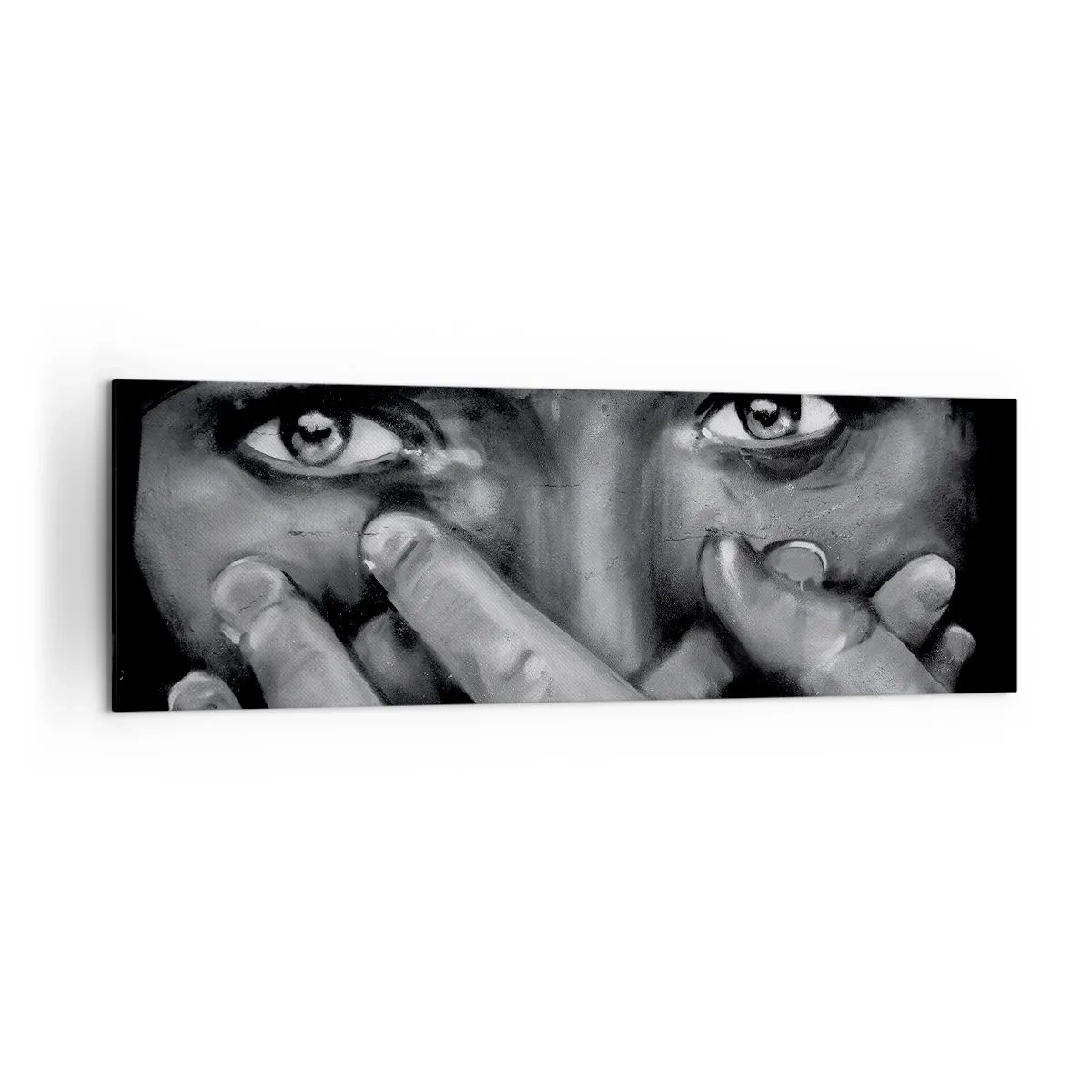 Impression sur toile - Image sur toile - Portrait en noir et blanc d'une femme se couvrant le visage avec ses mains. - 160x50cm - Je ne dirai pas qui a peint - Décoration murale moderne pour le salon et la chambre ARTTOR