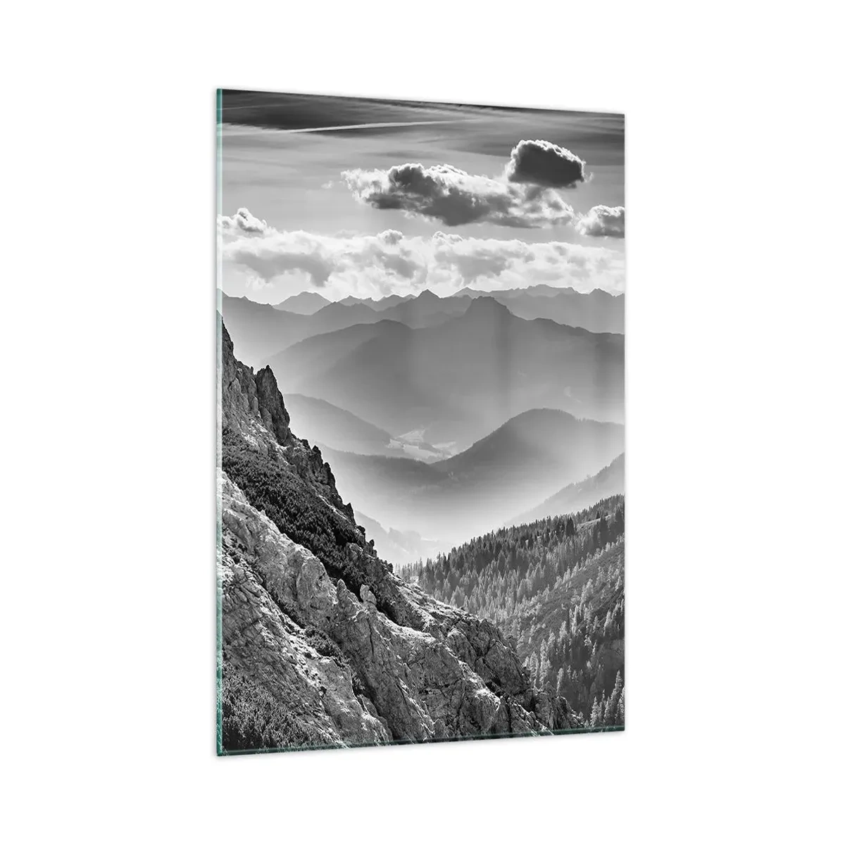 Impression sur verre - Image sur verre - Paysage de montagne en noir et blanc avec des nuages au-dessus des sommets - 80x120cm - Jusqu'à l'horizon - Décoration murale moderne pour le salon et la chambre ARTTOR