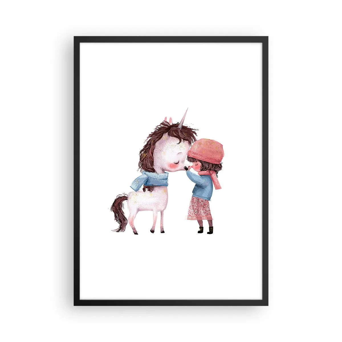 Affiche dans un cadre noir - Poster - Une fille et une licorne en vêtements d'hiver se font un câlin - 50x70cm - Histoire d'hiver - Décoration murale moderne pour le salon et la chambre ARTTOR