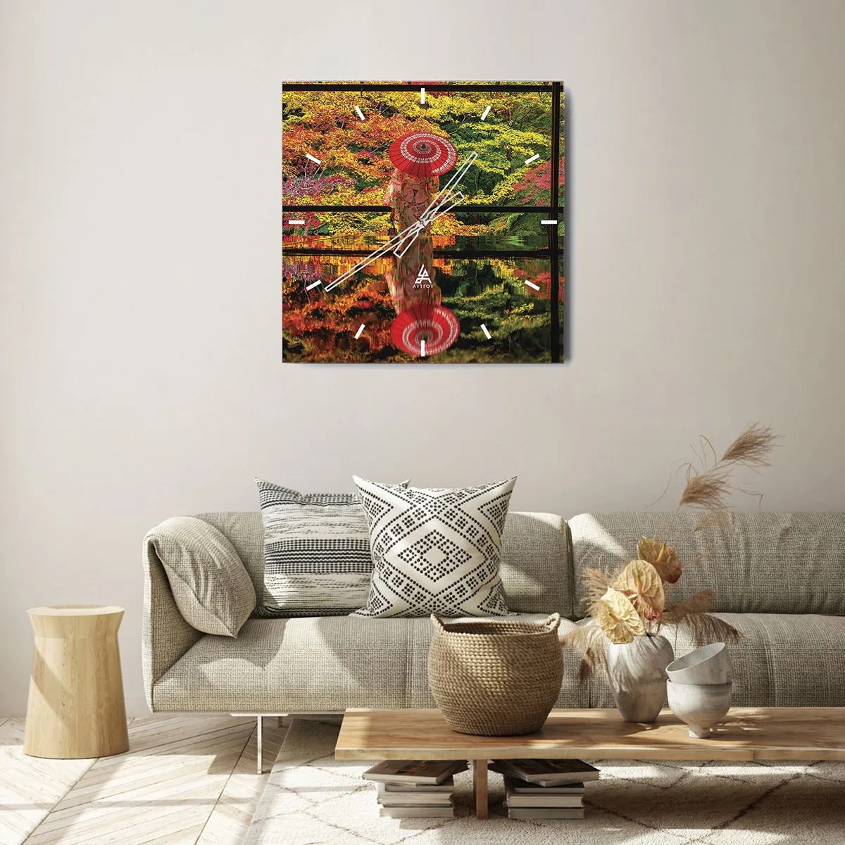 Horloge murale - Pendule murale - Une femme en kimono avec un parapluie sur fond de paysage d'automne. - 30x30cm - Dans le temple de la nature - Décoration murale moderne pour le salon et la chambre ARTTOR