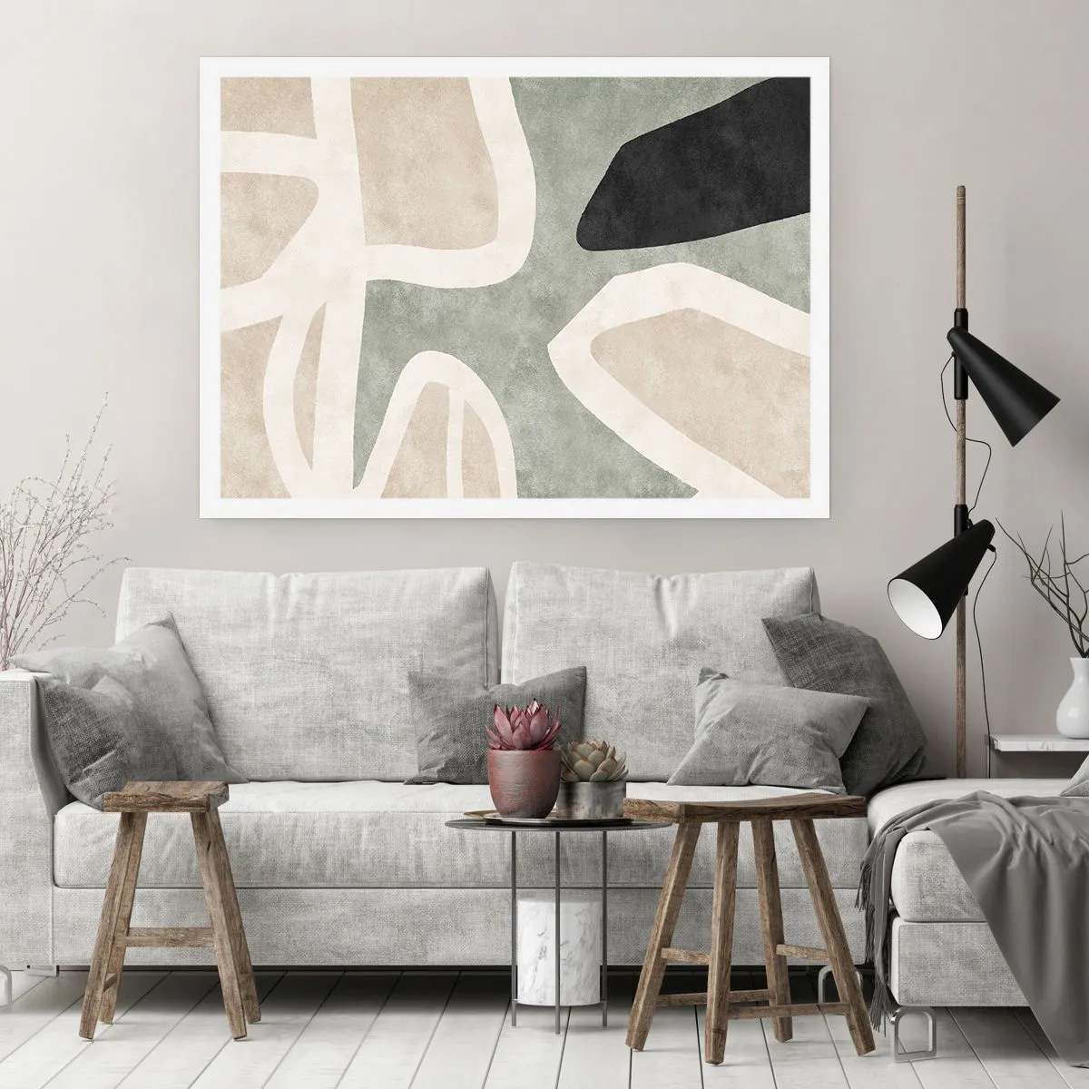 Affiche - Poster - Formes abstraites aux couleurs tamisées - 100x70cm - Composition pour motif noir - Décoration murale moderne pour le salon et la chambre ARTTOR