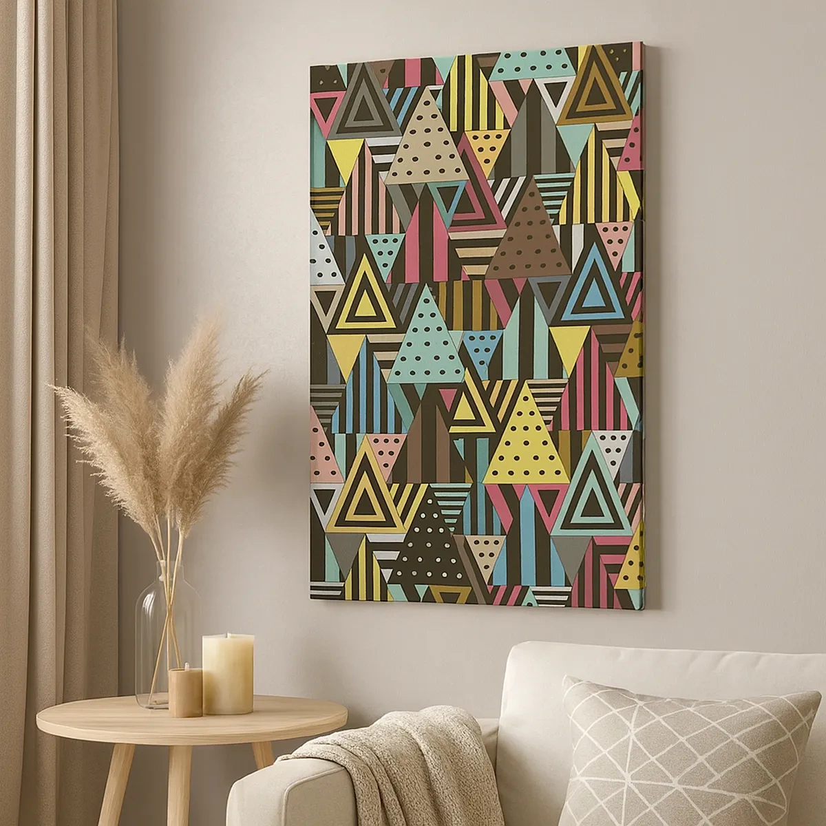 Impression sur toile - Image sur toile - Motif géométrique coloré avec des triangles et des lignes - 50x70cm - En rythme de trois - Décoration murale moderne pour le salon et la chambre ARTTOR