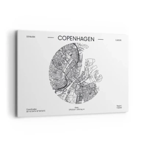 Impression sur toile - Image sur toile - Une carte de Copenhague dans un style minimaliste en noir et blanc. - 120x80cm - Anatomie de Copenhague - Décoration murale moderne pour le salon et la chambre ARTTOR