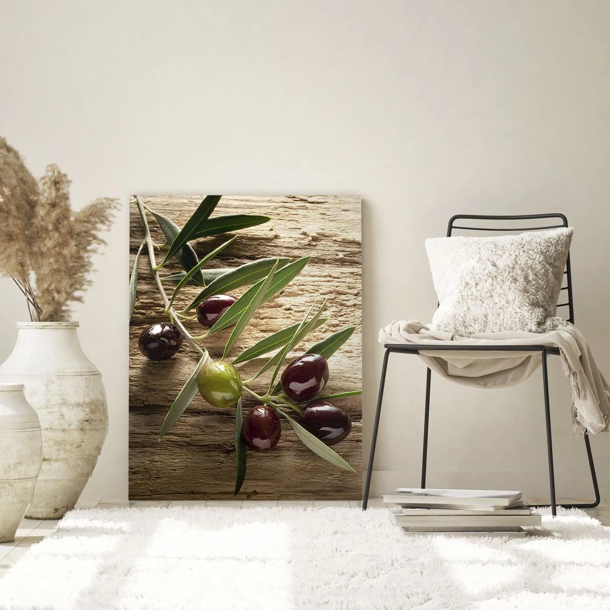 Impression sur verre - Image sur verre - Branche d'olivier avec des fruits sur un fond de bois vieilli - 70x100cm - Directement de la nature - Décoration murale moderne pour le salon et la chambre ARTTOR