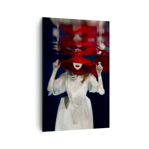 Impression sur toile - Image sur toile - Une femme avec un chapeau rouge immergée dans l'eau - 80x120cm - Femme mystérieuse - Décoration murale moderne pour le salon et la chambre ARTTOR