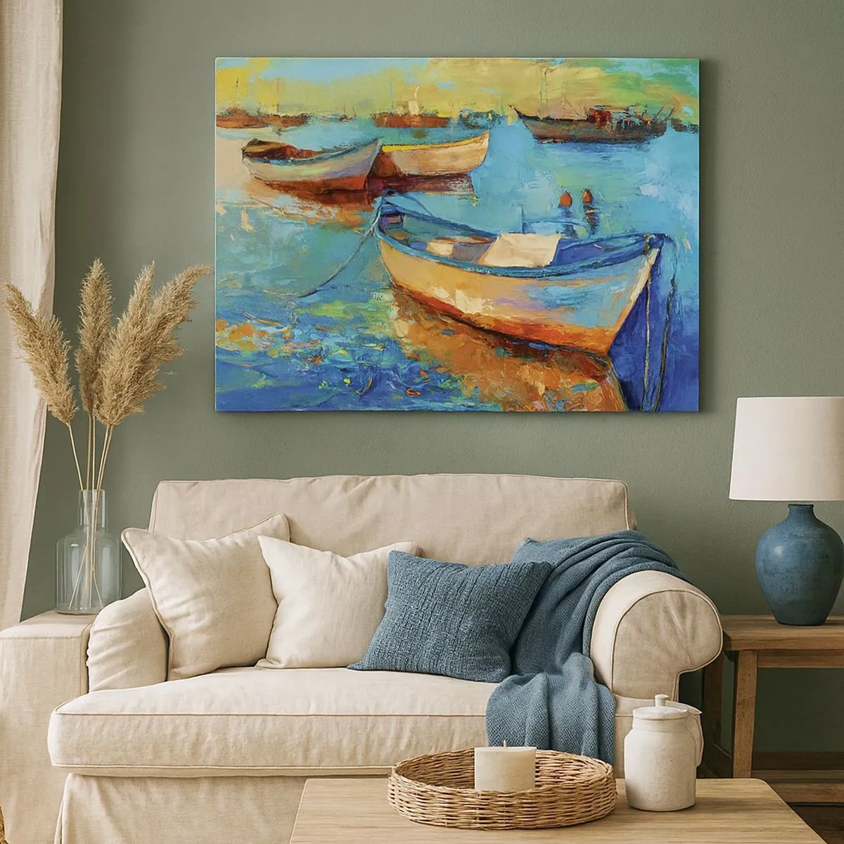 Impression sur toile - Image sur toile - Bateaux colorés amarrés sur une eau calme - 70x50cm - Dans la baie du sud - Décoration murale moderne pour le salon et la chambre ARTTOR