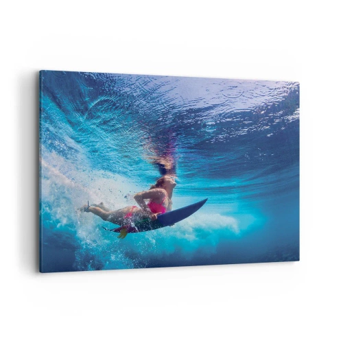 Impression sur toile - Image sur toile - Un surfeur sous l'eau dans une composition dynamique aux tons bleus. - 100x70cm - Joie profonde - Décoration murale moderne pour le salon et la chambre ARTTOR