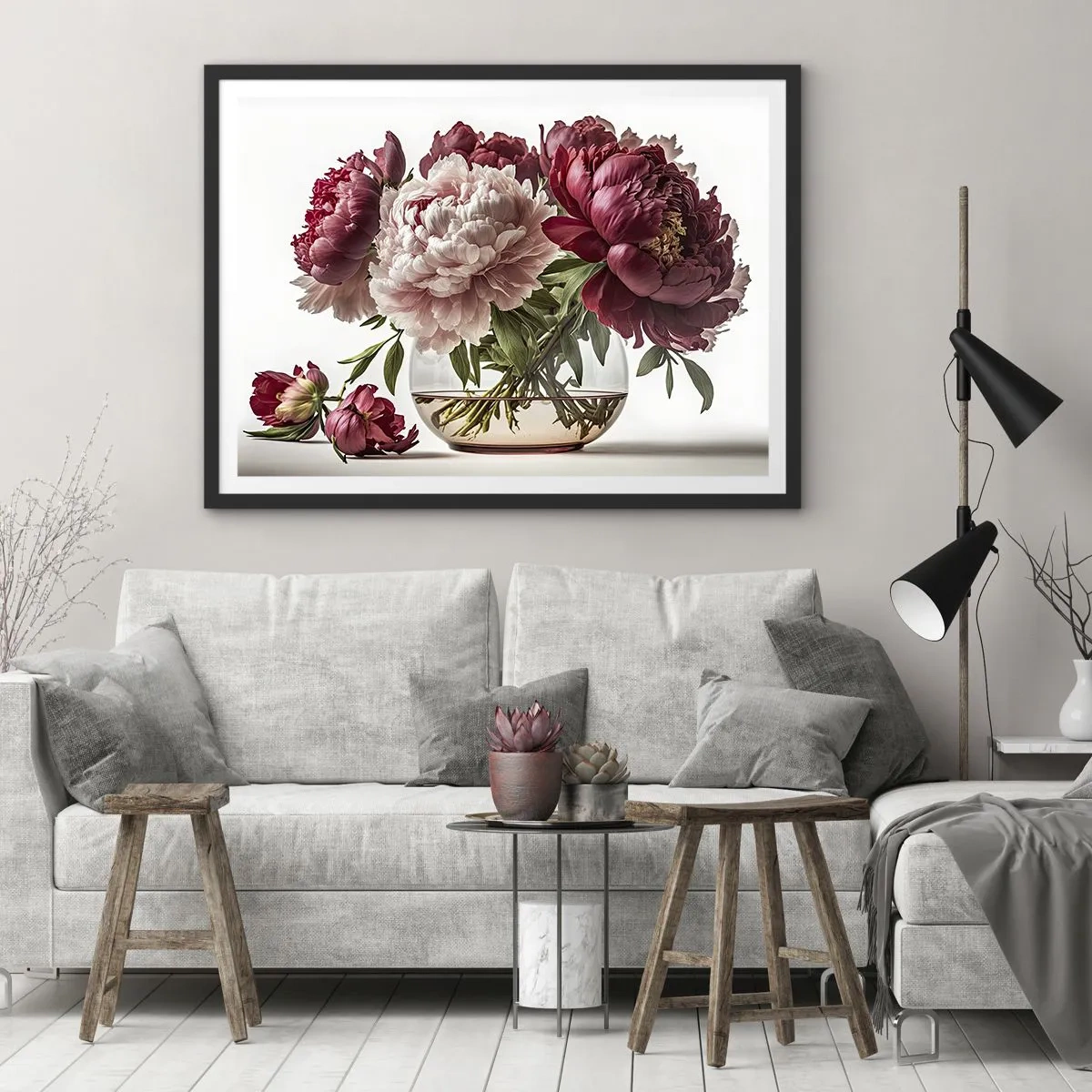 Affiche dans un cadre noir - Poster - Un bouquet de pivoines dans les tons de rose et de rouge - 70x50cm - En pleine floraison de beauté - Décoration murale moderne pour le salon et la chambre ARTTOR