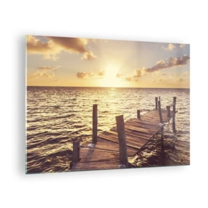 Impression sur verre - Image sur verre - Une jetée en bois sur fond de soleil couchant - 70x50cm - La terre d'or de la douceur - Décoration murale moderne pour le salon et la chambre ARTTOR