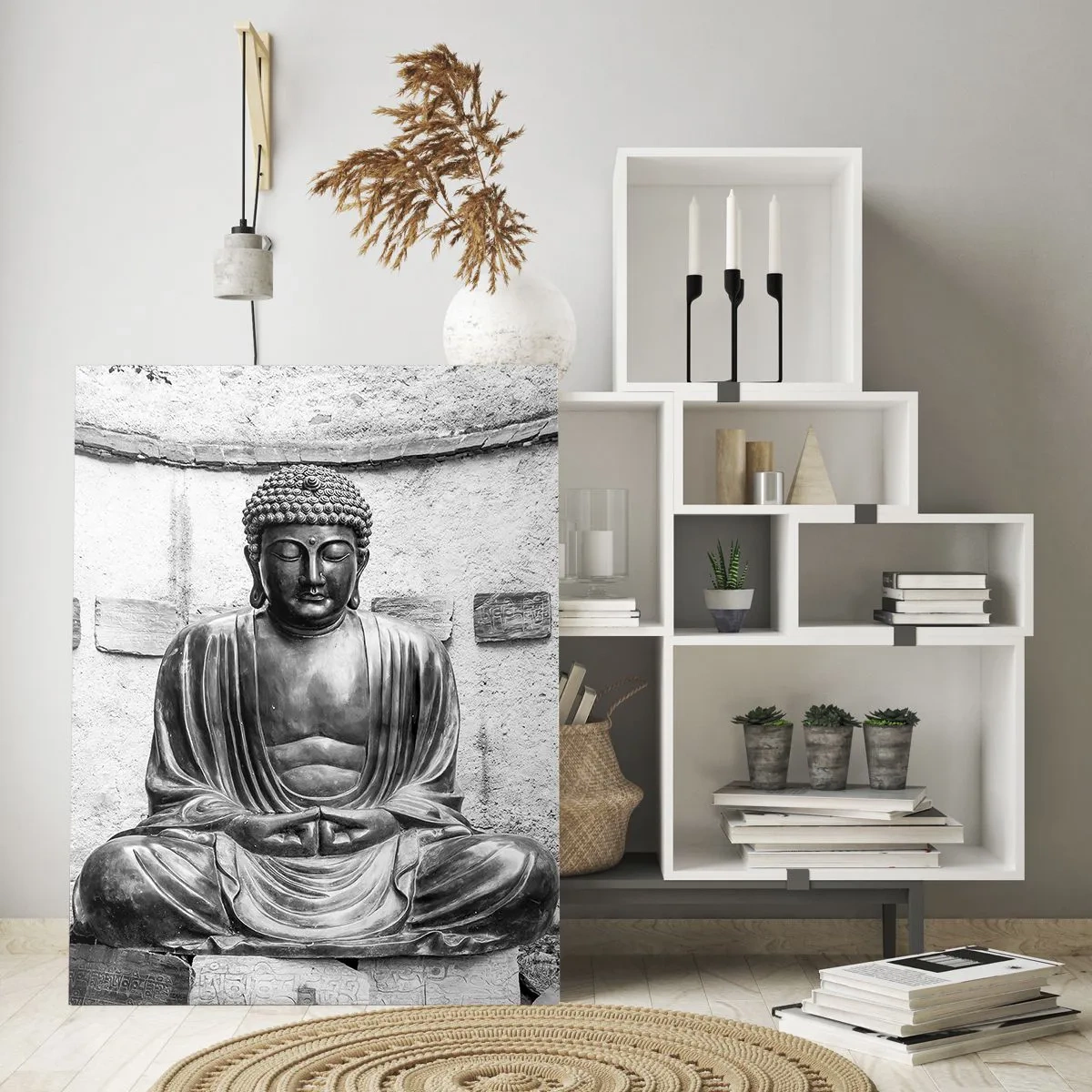 Impression sur verre - Image sur verre - Statue de Bouddha en noir et blanc dans une pose méditative - 50x70cm - A la source de la paix - Décoration murale moderne pour le salon et la chambre ARTTOR