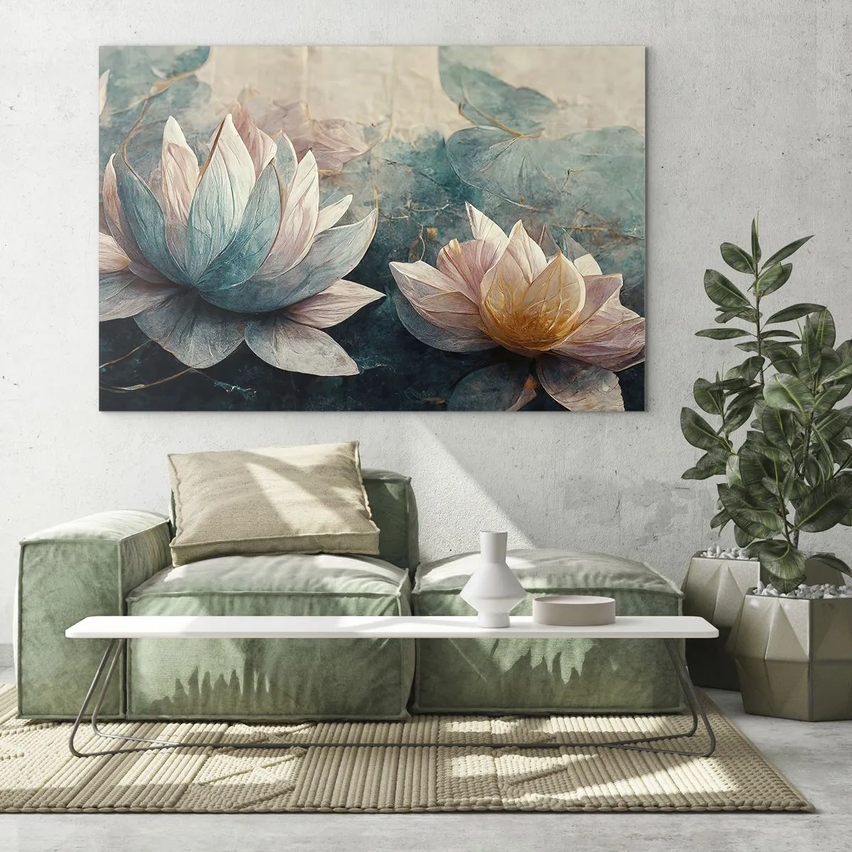 Impression sur verre - Image sur verre - Représentation artistique de fleurs de lotus sur fond de feuilles d'eau. - 70x50cm - Les étoiles du lac - Décoration murale moderne pour le salon et la chambre ARTTOR